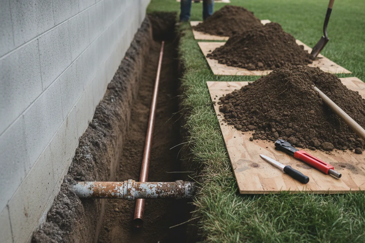 Excavated water line trench during Sewer Line Repair in Thiells